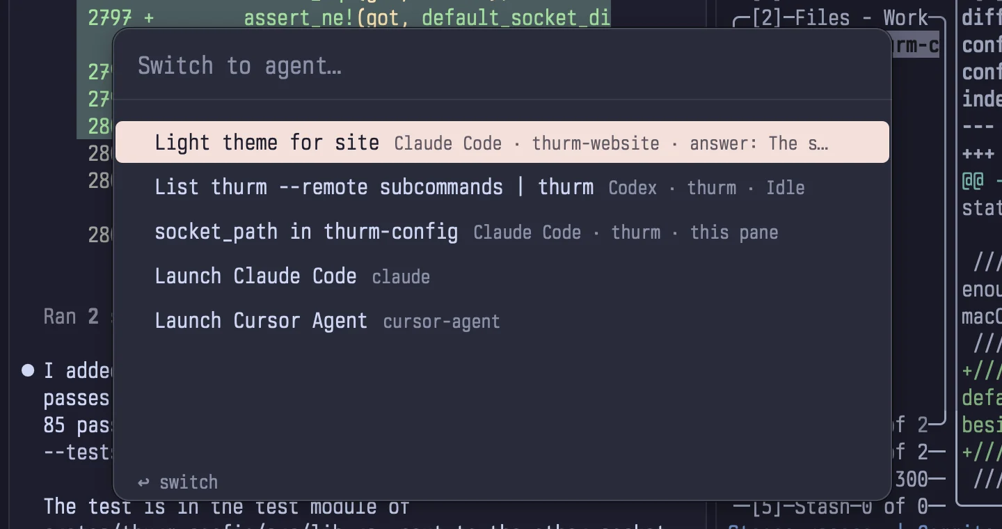 The agent switcher listing a Claude Code session waiting for an answer, an idle Codex session, and a Claude Code session in this pane, with presets to launch Claude Code or Cursor Agent.