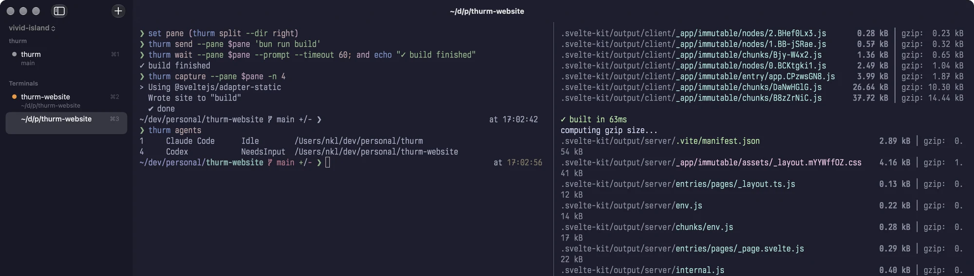 A Thurm tab split in two. The left pane runs thurm split, send, wait, capture, and agents commands; the right pane shows the bun build those commands started.