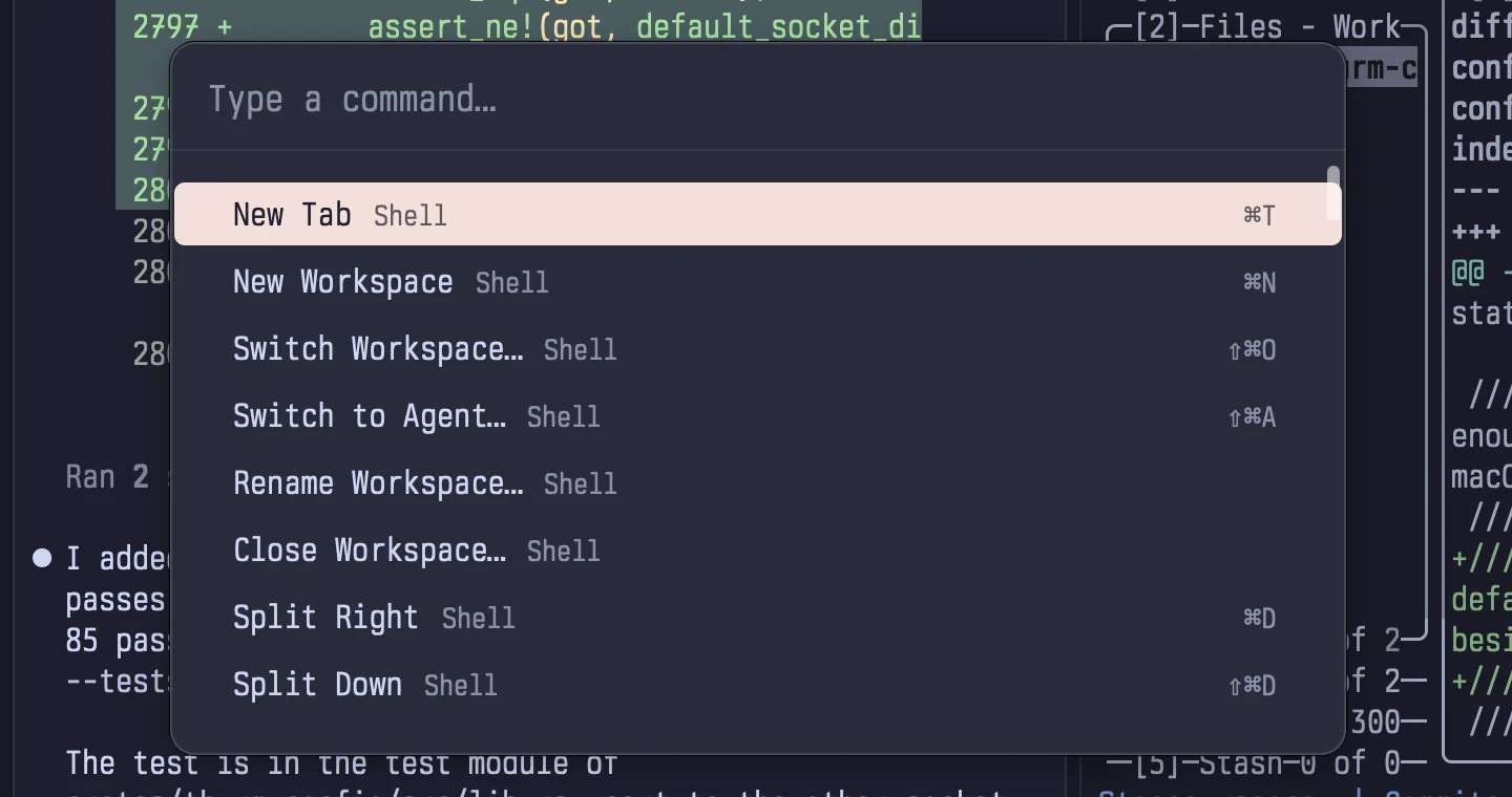 The command palette showing actions like New Tab, New Workspace, Switch Workspace, and Split Right with their shortcuts.