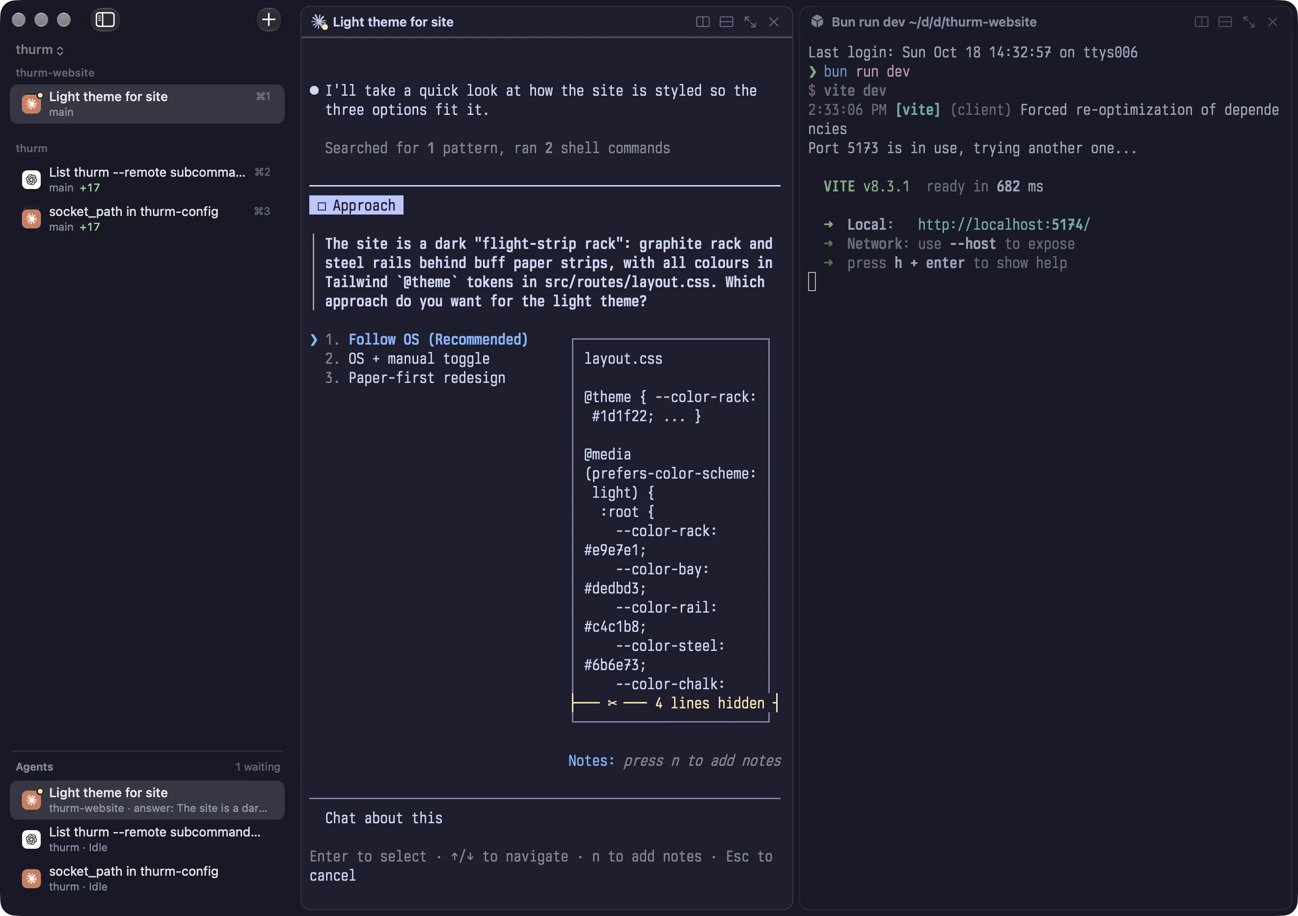 Claude Code in thurm-website stopped to ask which of three approaches to take for a light theme, with a code preview; the dev server runs in the split beside it, and the sidebar marks the tab as waiting.