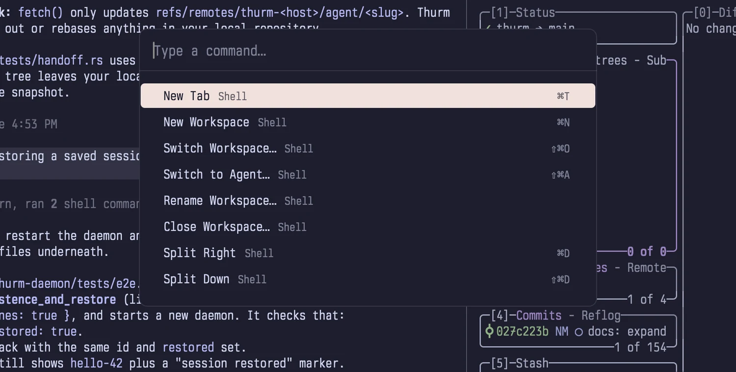 The command palette showing actions like New Tab, Split Right, and Rename Workspace with their shortcuts.