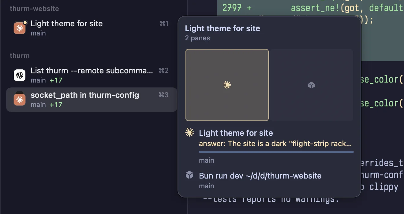 Hovering a sidebar tab shows a card with a map of its two panes: Claude Code waiting for an answer, and bun run dev.