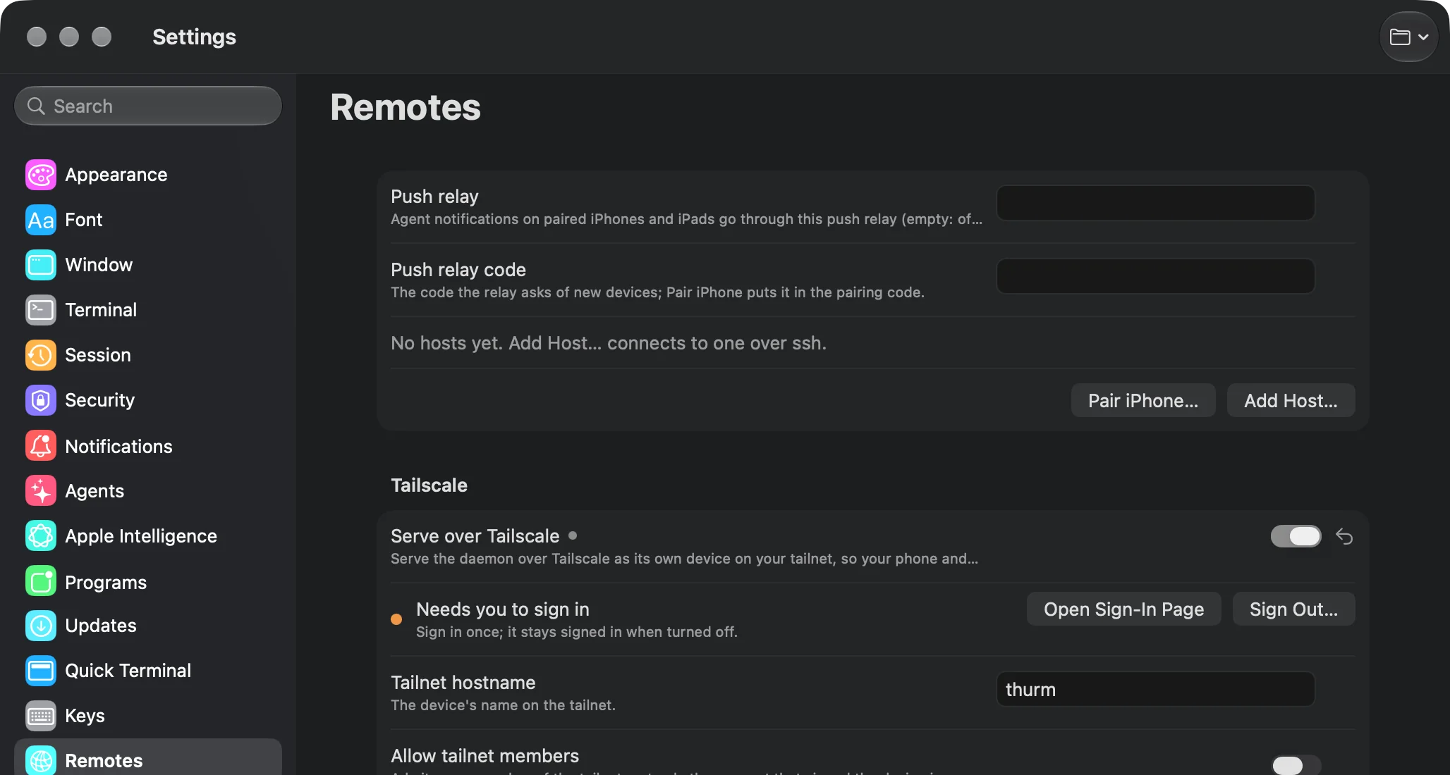 Thurm Settings, Remotes: Pair iPhone and Add Host buttons, and Serve over Tailscale turned on, waiting for a sign-in with an Open Sign-In Page button.