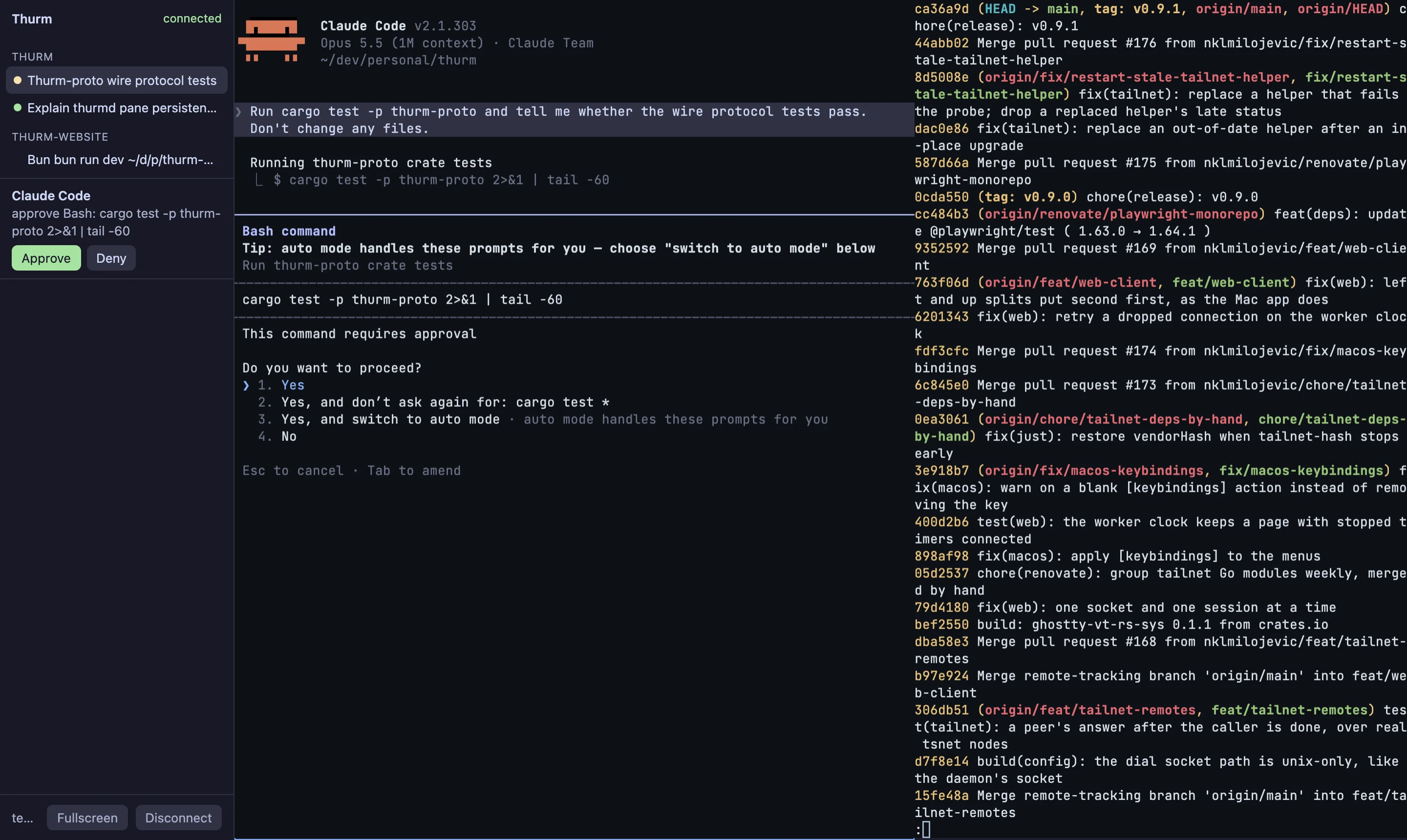 Thurm in a browser: the sidebar lists the thurm and thurm-website workspaces and a Claude Code notice asking to approve cargo test, with Approve and Deny buttons. Claude Code shows the same permission prompt in the left pane; git log runs in the right pane.