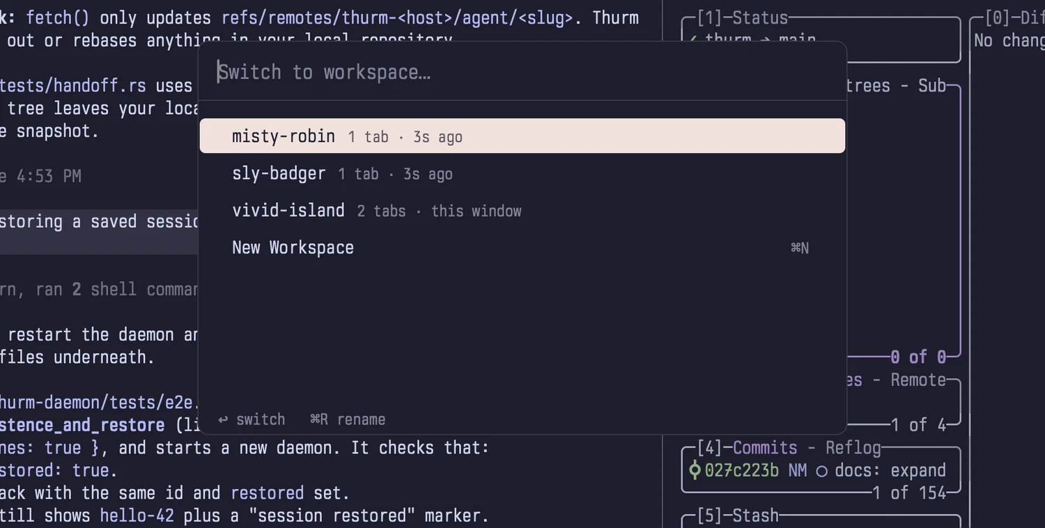 The workspace switcher listing three workspaces with their tab counts.
